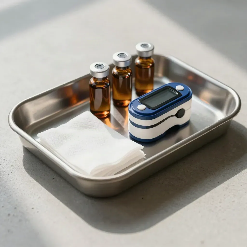 Stainless medication tray with vials, pulse oximeter, and gauze on pale concrete.