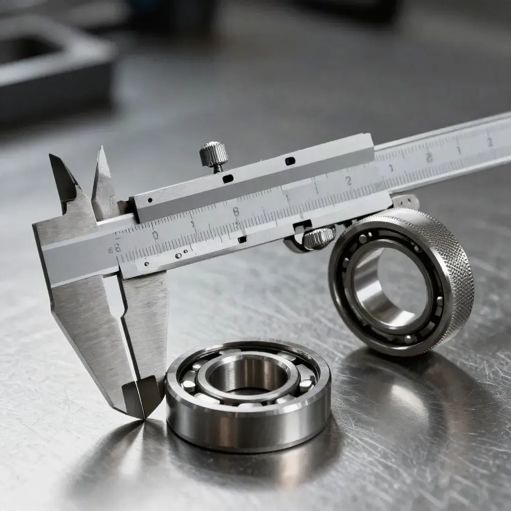 Precision inspection tools on brushed steel: caliper, gauge block, bearing ring, and knurled fasteners.