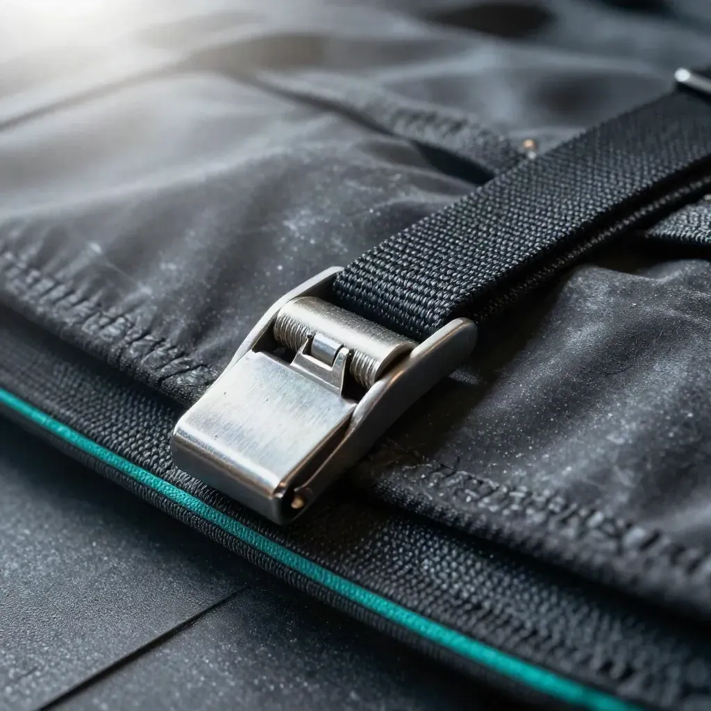 Macro of freight strap hardware and webbing on a rubber mat with teal accent.
