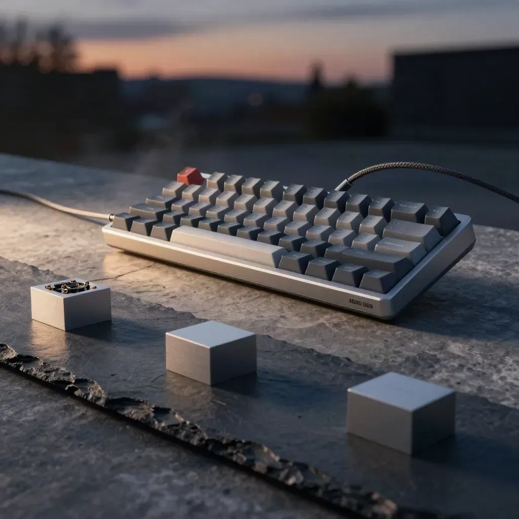 Dark product hero of a keyboard, PCB, dock, and machined blocks on slate and stone.