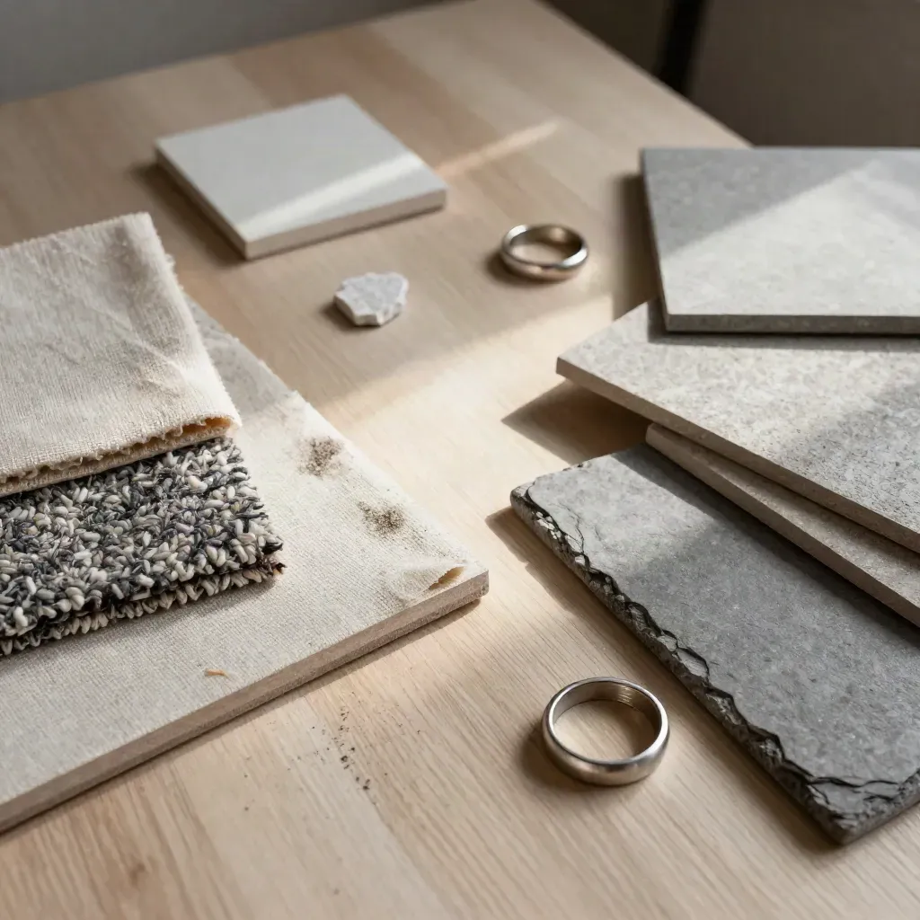 Interior design sample tiles, fabric swatches and finish rings fanned on pale wood under soft daylight.