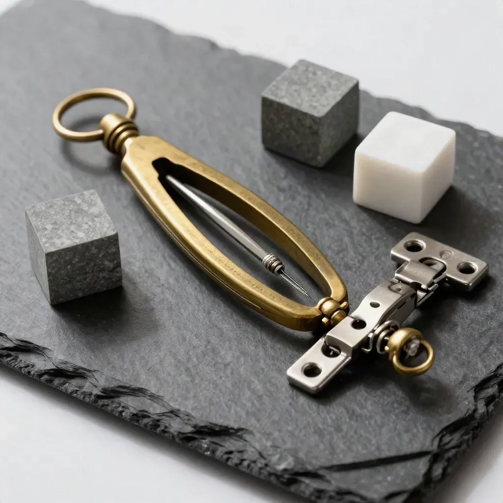 Brass compass, stone cubes and hinge on charcoal slate, lit dramatically from above.
