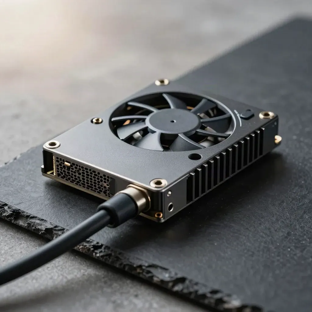 Macro still life of a server module, braided lead, fan grille and standoffs on dark stone.