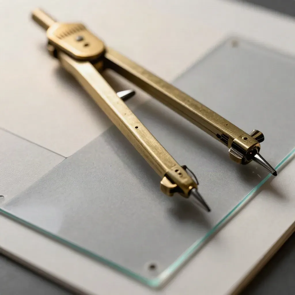 Brass drafting compass with acetate overlays and a punched template on graphite paper, top-down macro