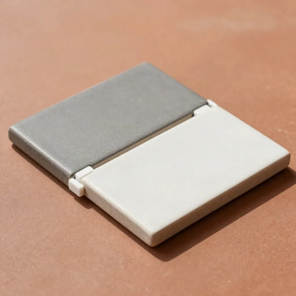 Ceramic sample tiles with white spacers on terracotta clay, lit from behind.