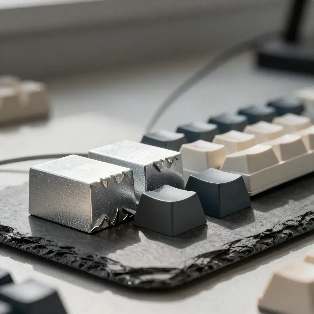 Slate slab with anodized blocks, blank keycap shells and braided cable in dramatic studio light.