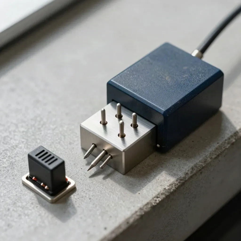 Pogo-pin test bed, reset switch and calibration blocks on matte rubber in tight macro.