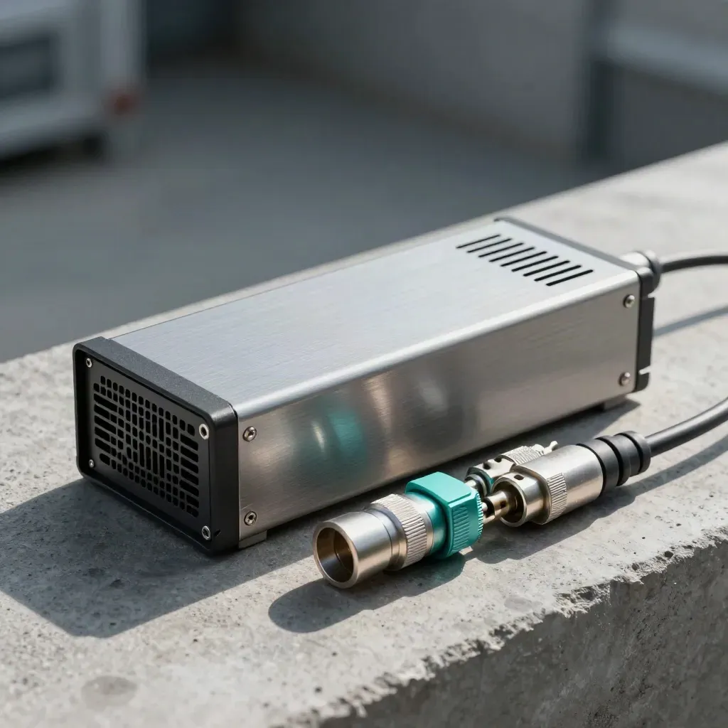 Server enclosure, power brick, and cable ferrules on concrete in dramatic studio light.