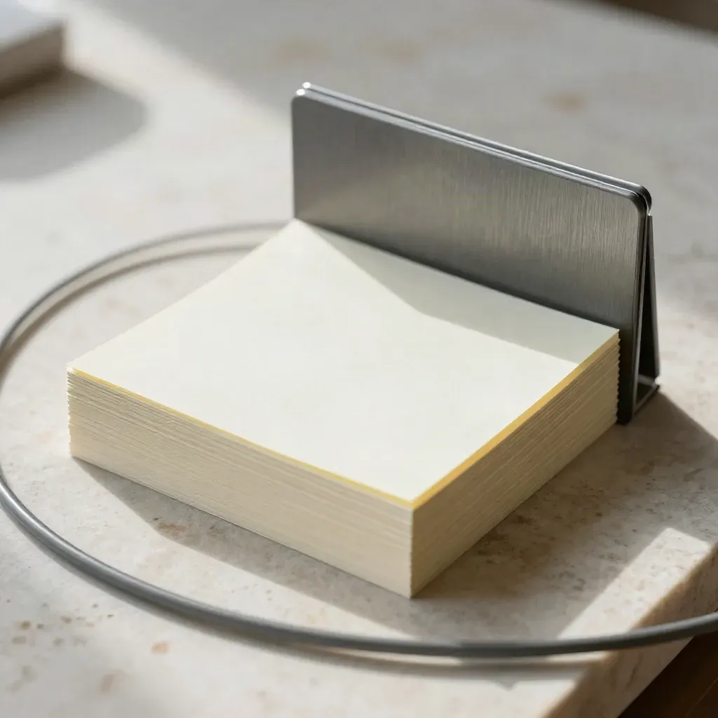 Sticky-note pads, acrylic sample cards and a folding rail on pale stone, shot overhead.