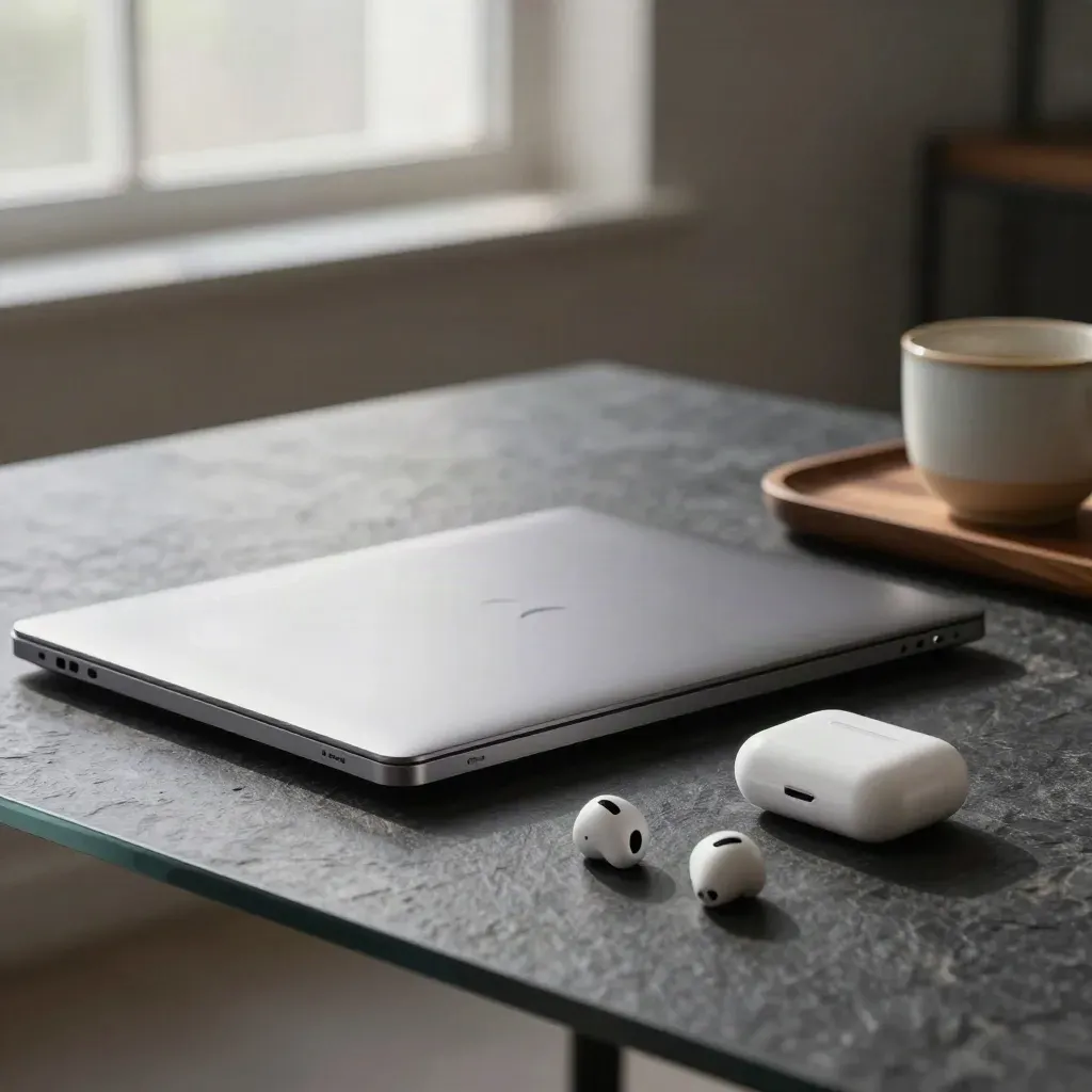 Closed laptop, prototype shell, earbuds case and coffee cup on a walnut tray.