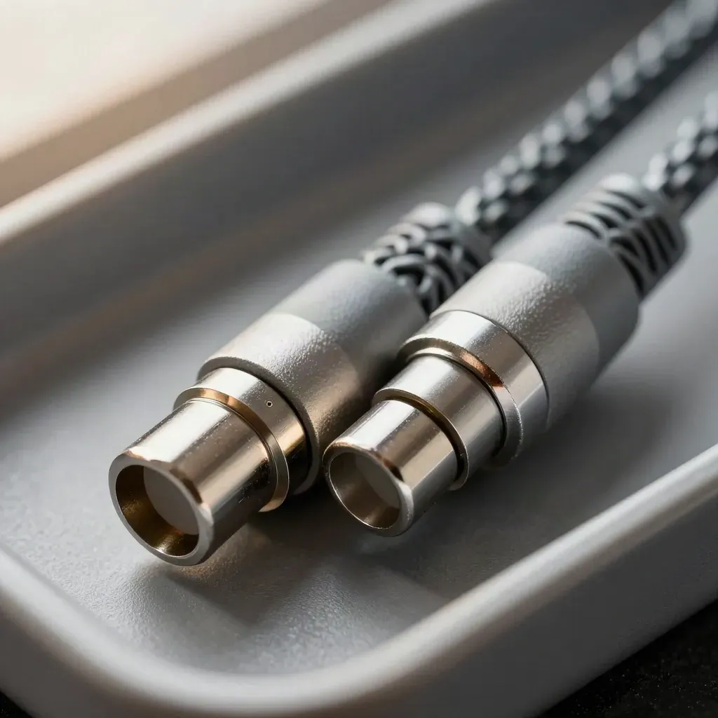 Macro of a braided patch cable coupler snapping together on graphite.