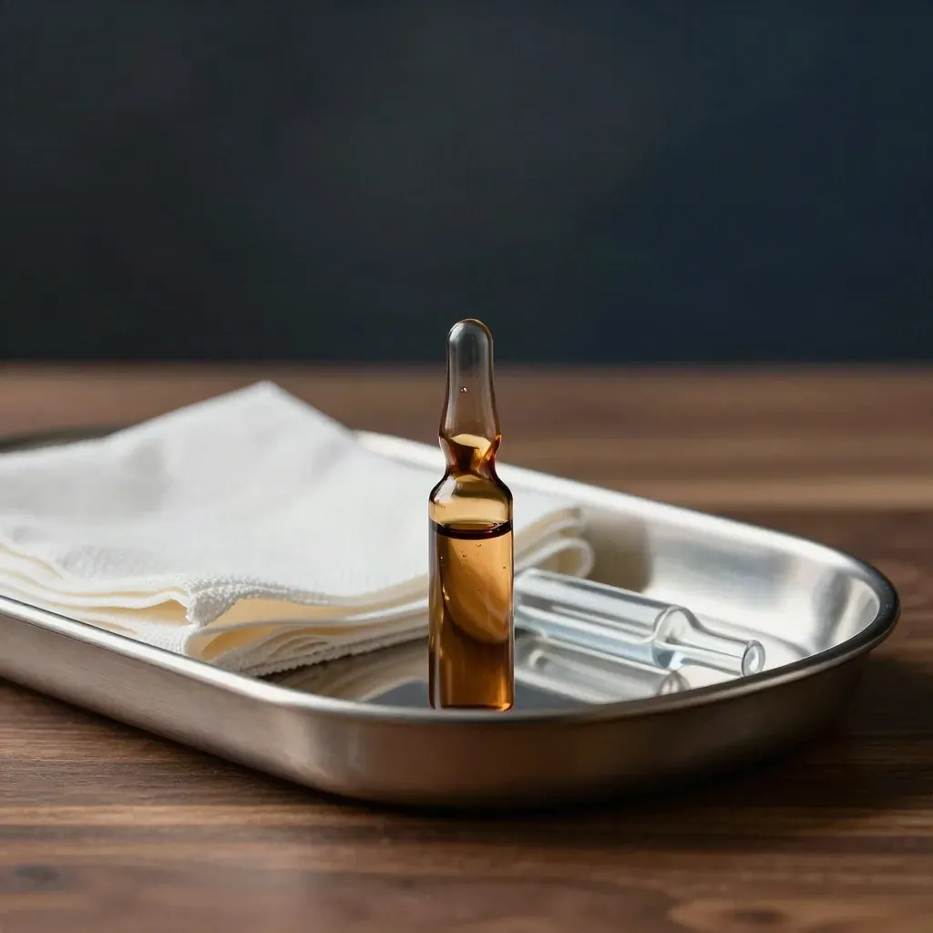 Stainless tray with vials, gauze and a glass ampoule on walnut under dramatic studio light