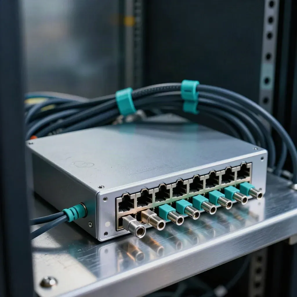 Network switch, braided cables, and metal connectors on a brushed steel bench