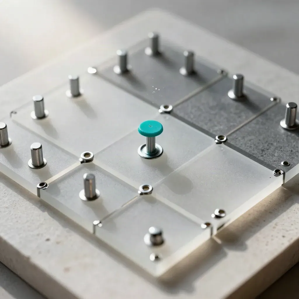 Macro top-down of frosted acrylic tiles and snap-fit joints on pale stone with a teal accent.