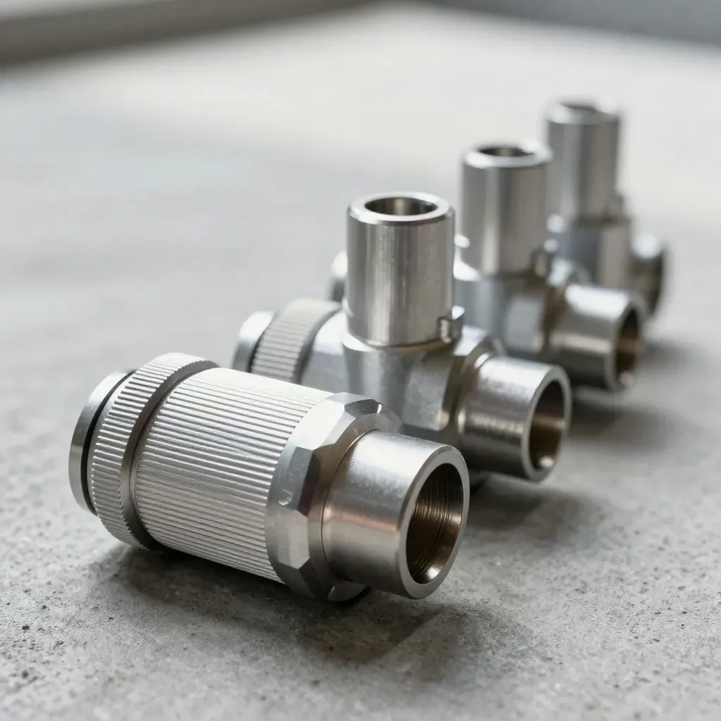Vented aluminum enclosures and connector sleeves clustered on concrete in cool side light.
