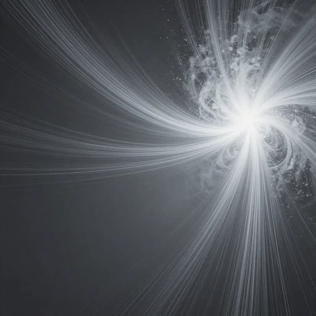 Silver filaments bloom in graphite space with drifting motes and open copy space.