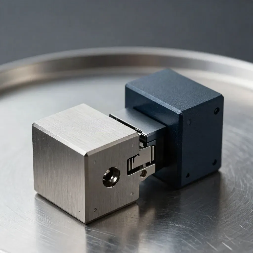Extreme macro of machined metal blocks, hinge plate and spacer on brushed steel